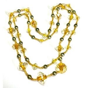 Sweater Necklace 34" Yellow Faceted Glass Bead Vtg Costume Jewelry AU01